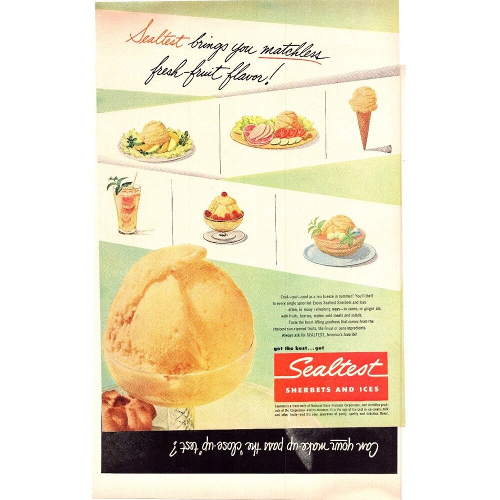 1952 Sealtest Sherbets and Ices Vintage Print Ad Orange Berries 50s Wall Art